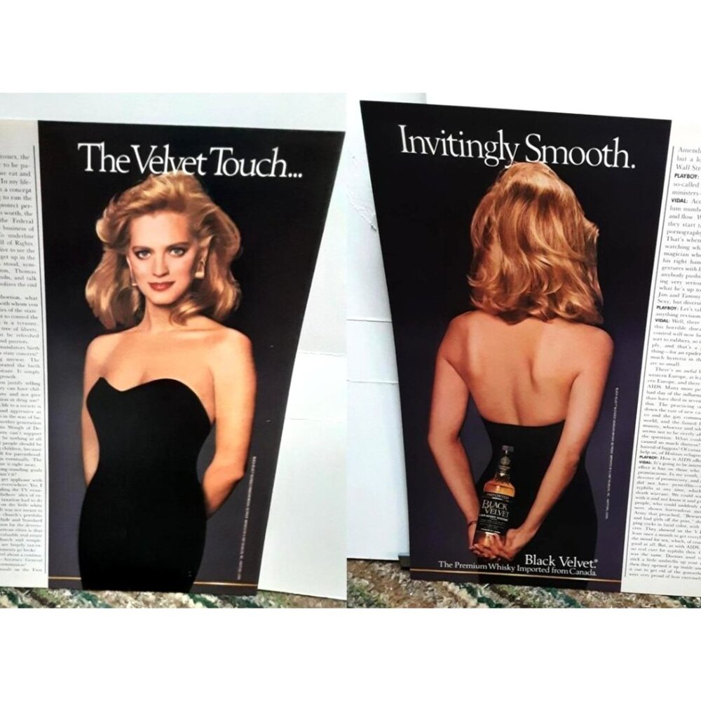 1987 Black Velvet Whisky Print Ad Vintage Beauty Model Black Dress Original